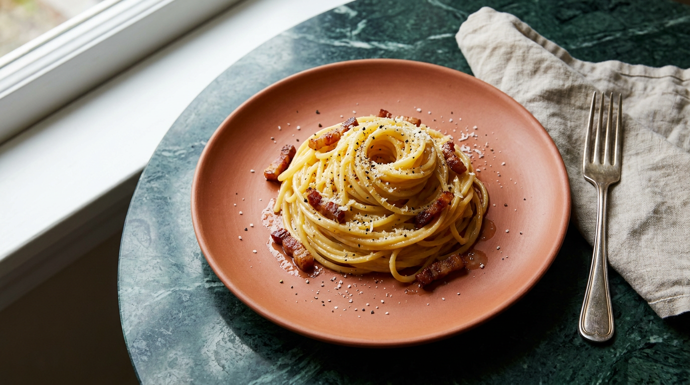 A twirled nest of spaghetti carbonara with black pepper and Pecorino on a terracotta plate